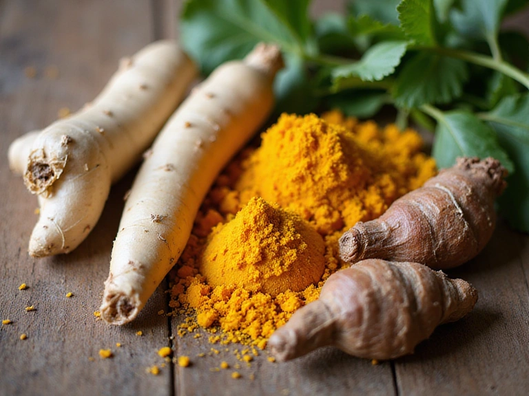A close-up of various natural herbs and plants, such as ginseng, turmeric, and ashwagandha roots, arranged beautifully to symbolize potent natural ingredients.