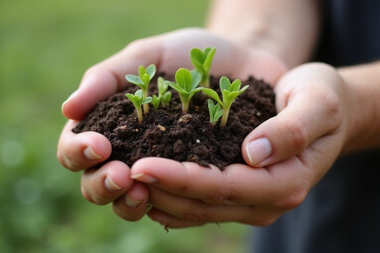 A hand holding a handful of rich, fertile soil with young green sprouts emerging, symbolizing growth and natural origins.