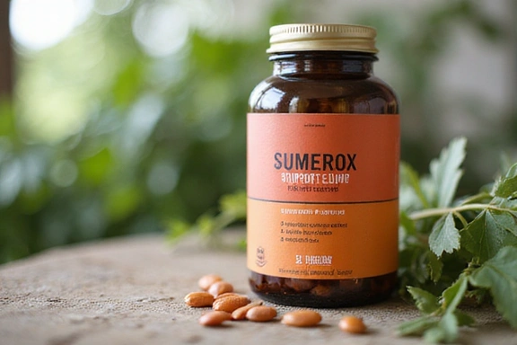 Product packaging of Sumerox Stamina Support Blend supplement on a natural background.
