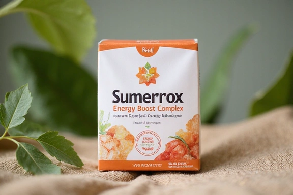 Product packaging of Sumerox Energy Boost Complex supplement on a natural background.